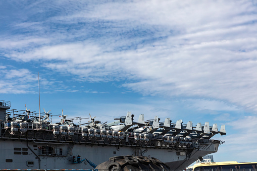 The bow of a US Navy support warship