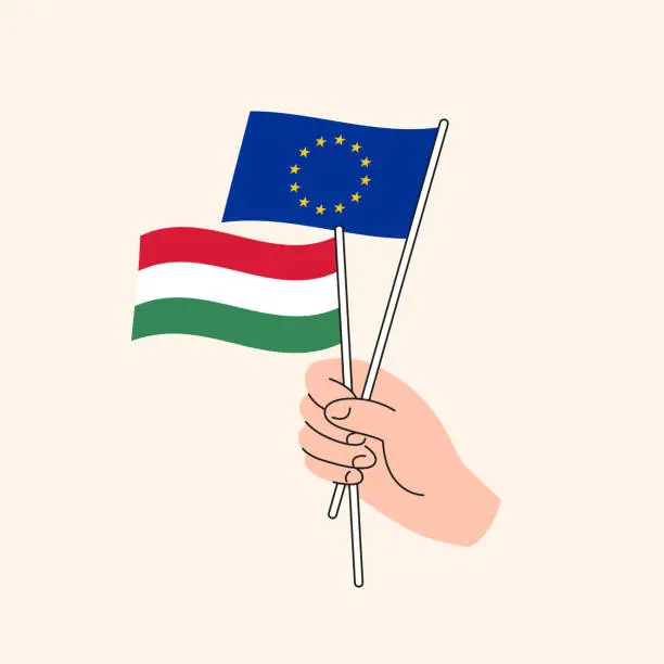 Vector illustration of Cartoon Hand Holding European Union And Hungarian Flags. Europe And Hungary Relations
