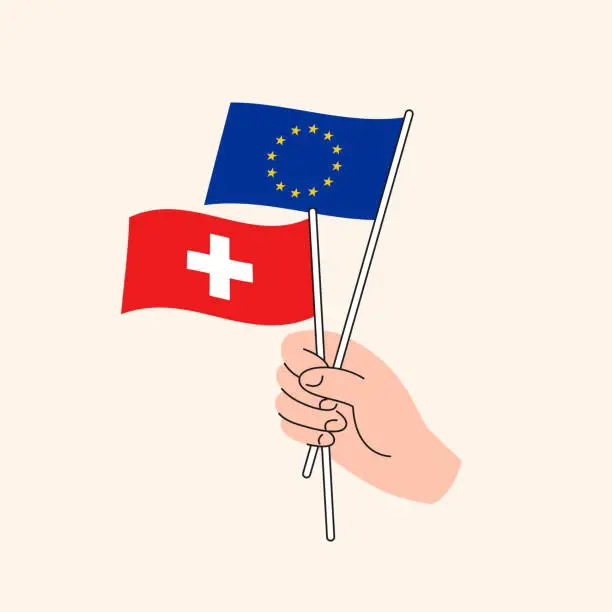 Vector illustration of Cartoon Hand Holding European Union And Swiss Flags. Europe and Switzerland Relations