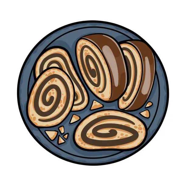Vector illustration of Polish makowiec. Poppy seed glazed roll, traditional Chistmas beigli cake on wooden table on black cutting board.