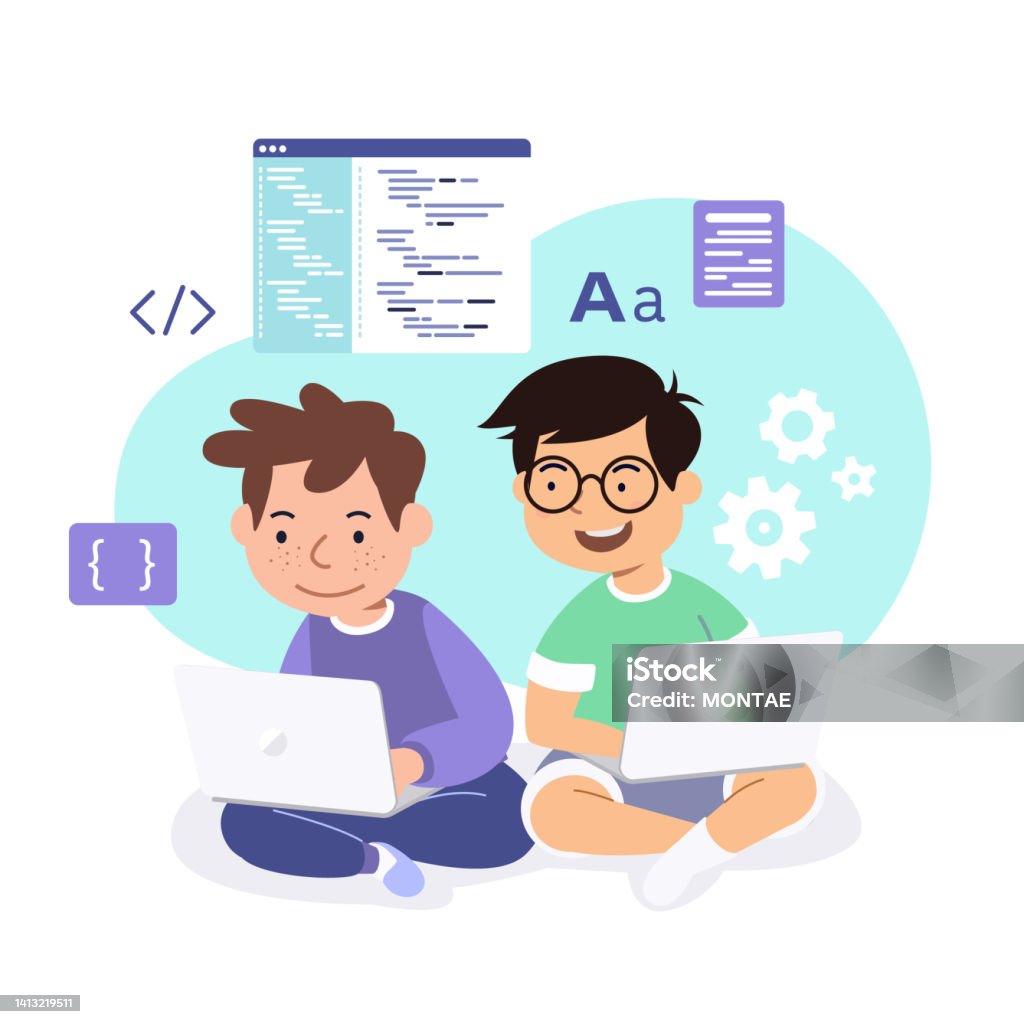 Two Boys With Laptops Learn To Code Programming Vector Illustration ...