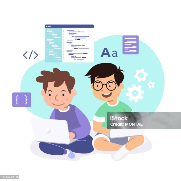 Two Boys With Laptops Learn To Code Programming Vector Illustration ...