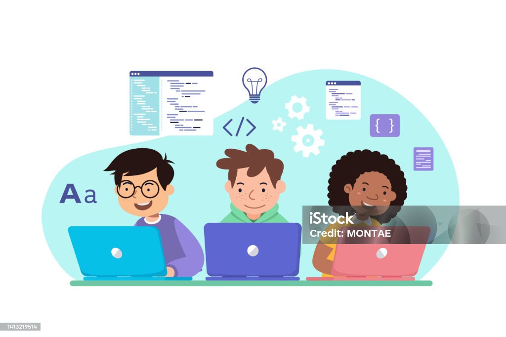 visual programming resources for k–12 students... Kids With Laptop Learn Coding Programing Vector Illustration Stock ...