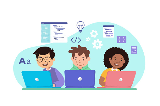 Kids With Laptop Learn Coding Programing Vector Illustration Stock ...
