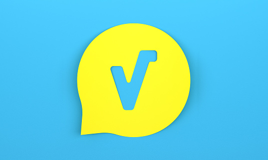 Yellow speech bubble with Check Mark on blue background. Communication Concept.