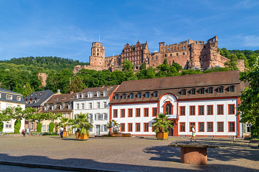 Heidelberg, Germany: June, 2. 2022: Karlsplatz (trans.: Carls Square) in Heidelberg, Germany with famous castle in background. A popular photo subject for tourists.