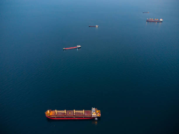 istock Large general cargo ship tanker bulk carrier, aerial view at night. 1413221420