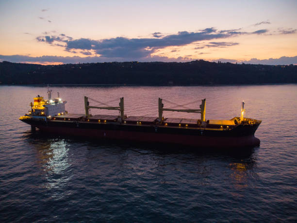 istock Large general cargo ship tanker bulk carrier, aerial view at night. 1413221421