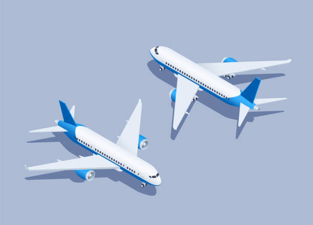 passenger plane isometric vector illustration on gray background, civil passenger plane back and front view, air transport or airplane airplane part stock illustrations