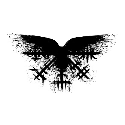 White background with ink blots raven silhouette and abstract black brushed symbol. Old norse viking mythology wallpaper with rune sign. Tattoo sample pattern design