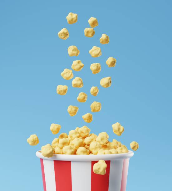 파란색 배경에 팝콘 빨간색과 흰색 줄무늬 양동이. 영화 또는 영화 시간 간식. 3d 렌더링 - popcorn snack bowl isolated 뉴스 사진 이미지