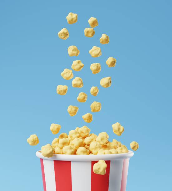 pipoca vermelho e branco balde listrado no fundo azul. cinema ou lanche na hora do cinema. renderização 3d - popcorn snack bowl isolated - fotografias e filmes do acervo