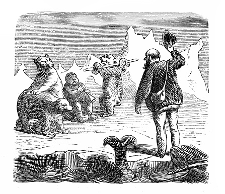 Illustration of a British satire comic cartoon caricatures illustrations -man in the North pole