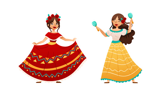 Mexican Woman in Colorful Traditional Clothing Celebrating National Holiday Cinco de Mayo Vector Set