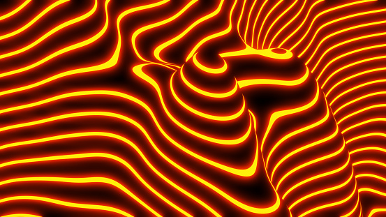 Abstract neon glowing background, 3D orange fantasy lines on black striped modern technology and science design, 3D render illustration.