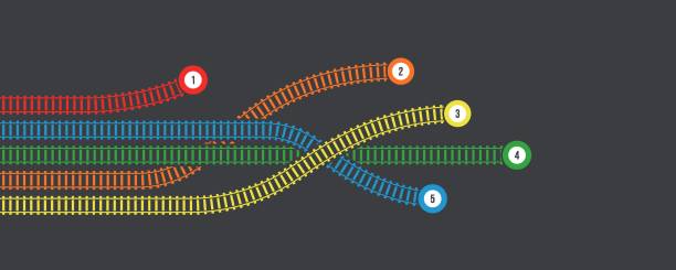 ilustraciones, imágenes clip art, dibujos animados e iconos de stock de ilustración vectorial de ferrocarril curvo con marcas aisladas sobre fondo oscuro. plantilla de infografía de vía de tren ferroviaria recta y curva. vista superior del camino del tren del ferrocarril. - stair rail