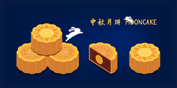 Mid-autumn festival celebration. Stack of moon cake biscuit red bean flavor with egg yolk vector illustration and cute rabbit jumping around. Mid-autumn festival celebration. Stack of moon cake biscuit red bean flavor with egg yolk vector illustration and cute rabbit jumping around. moon cake stock illustrations