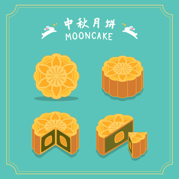 Different perspective view of lotus flavor moon cake. Cut half of moon cake, piece of sweet dessert moon cake to use on moon cake festival celebration. Different perspective view of lotus flavor moon cake. Cut half of moon cake, piece of sweet dessert moon cake to use on moon cake festival celebration. moon cake stock illustrations