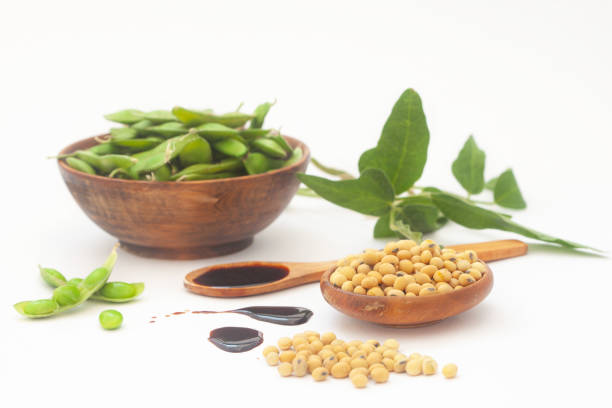 A detailed close-up shot of fresh, vibrant green soybeans (edamame) placed on a clean surface, captured in an indoor studio. The natural shine and texture of the soybeans are highlighted, showcasing their freshness and quality. Ideal for food-related content, health, or vegan recipes. The image is perfect for food photography, marketing, and nutrition-focused websites or social media platforms.