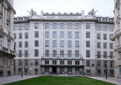 Vienna, Austria, Dec. 2019:  Historical building of the Austrian Postal Savings Bank. Designed by the famous Austrian architect Otto Wagner, completed in 1906