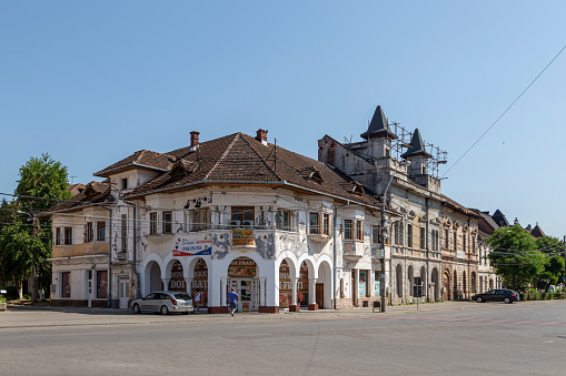 Hunedoara, Hunedoara County - July 22, 2022:  Old buildings in the old area of the city Hunedoara, Transylvania, Romania.
