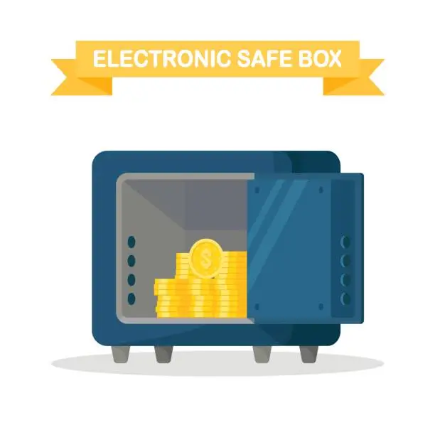 Vector illustration of Open electronic safe box with stack of dollars, gold coins. Bank vault, money storage with lock code