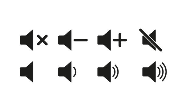 przyciski regulacji głośności ustawiają ikonę. wyłącz dźwięk, zmniejsz, włącz, włącz, plus, minus, krzyż, przekreślony, głośny, cichy, słuchaj, muzyka, głośnik, megafon. koncepcja technologii. ikona linii wektorowej - the way forward audio stock illustrations