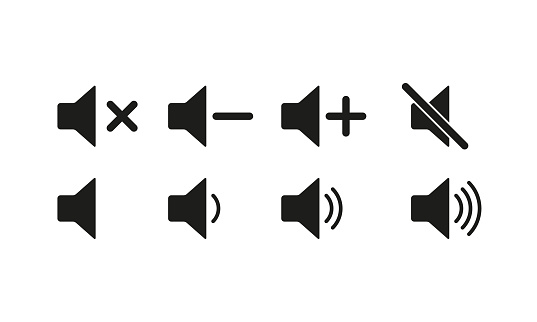 Volume control buttons set icon. Turn off the sound, turn down, up, on, plus, minus, cross, crossed out, loud, quiet, listen, music, speaker, megaphone. Technology concept. Vector line icon.