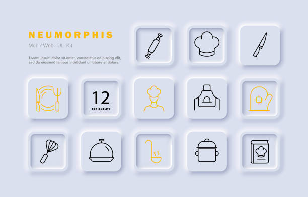 kitchen utensils set icon. fork, knife, plate, whisk, cloche, rolling pin, chef, scoop, cap, apron, pan, potholder, cookbook. cooking concept. neomorphism style. vector line icon for advertising - rolling fork 幅插畫檔、美工圖案、卡通及圖標