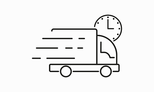 Fast shipping line icon. Logistics, truck, clock, time, watch, courier, deliver parcel, customer, purchase, buy, client, drive, car. Delivery concept. Vector line icon for Business and Advertising.