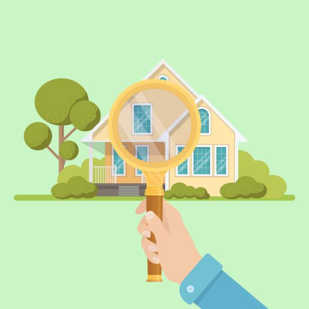 ilustrações de stock, clip art, desenhos animados e ícones de businessman holds magnifying glass for search house. real estate concept. property inspection - house human hand choice real estate