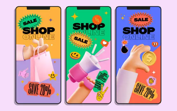 Vector illustration of Online shopping marketing promo stories template set with bright colored shopping elements and stickers. Vector illustration
