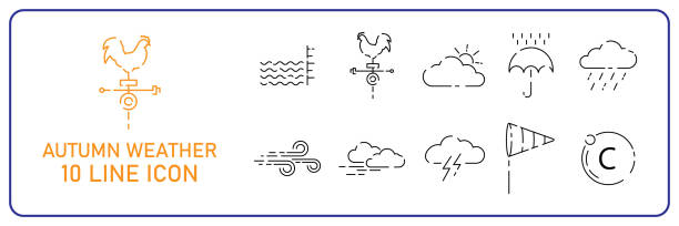 Autumn Weather line icon set. Meteorology vector. Cloud, weather vane rooster, windsock, Celsius, flood and overflow, umbrella or rain, lightning.