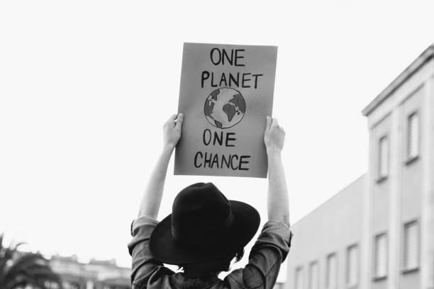 istock Young activist marching and protesting for climate change holding banner - Ecology concept - Black and white editing 1413236813