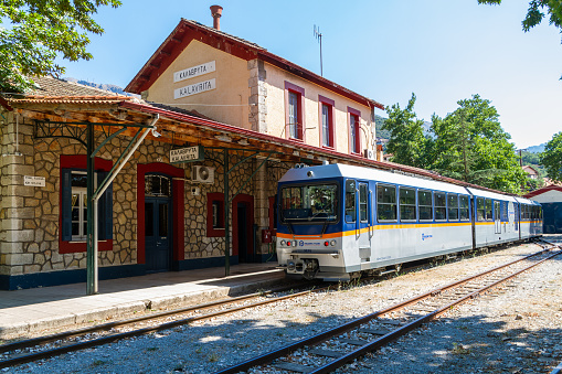 Kalavrita, Greece, July 18, 2022. train at Zachlorou station in Vouraikos Gorge.