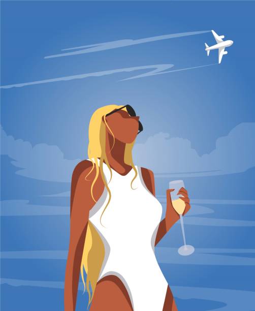 vektorillustration im sommer am strand im urlaub ein blondes mädchen ohne gesicht im weißen badeanzug hält ein glas champagner in der hand und schaut in den himmel, wenn ein flugzeug fliegt - inferior view illustrations stock-grafiken, -clipart, -cartoons und -symbole