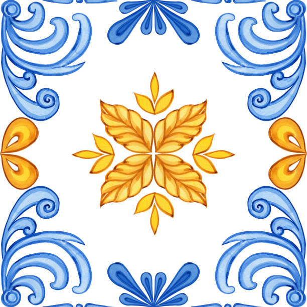 マジョリカ水彩画シームレスパターン。シチリアの手描きの装飾品。伝統的な青と黄色のセラミックタイル。ポルトガルの伝統的なアズレージョパターン。モロッコ風。 - majolica点のイラスト素材／クリップアート素材／マンガ素材／アイコン素材