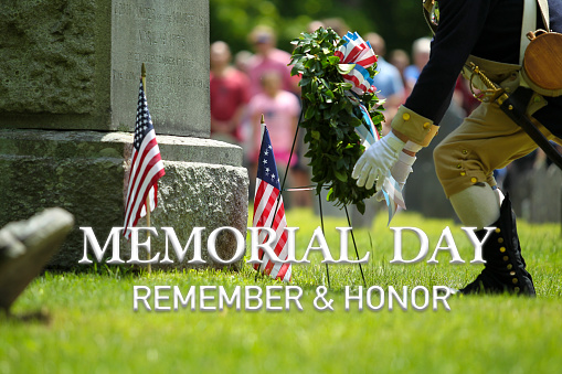 Memorial Day Ceremony, Tomb Stone, Laying Wreath, US Flag. Remember and Honor.