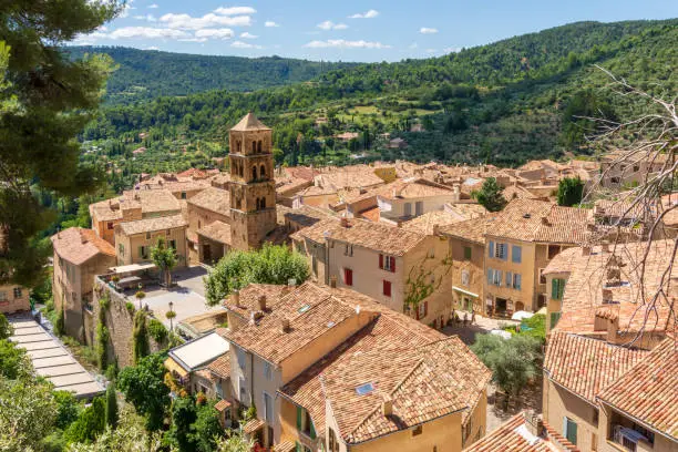 Photo of A view over the village of Moustiers-Sainte-Marie in Provence, France.