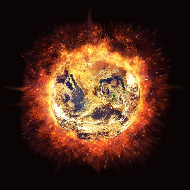 Our burning Earth: satellite view of the world surrounded by fire and explosions, representing global warming or war Symbolizing climate change or nuclear war, the Earth is surrounded by fire.
Public-domain satellite image from https://www.nasa.gov/multimedia/imagegallery/image_feature_2159.html horror world stock pictures, royalty-free photos & images