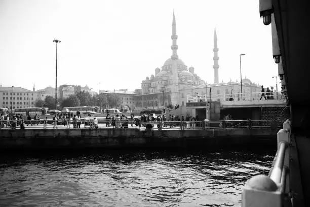Golden horn, yeni cami mosque, b&w, Istanbul, turkey.