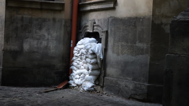 Sandbagged windows in the basement of the cathedral. Lviv, Ukraine.