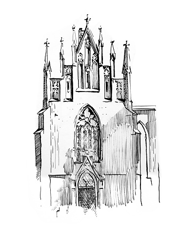 Fountain pen and ink drawing  urban sketch illustration of medieval architecture cathedral church