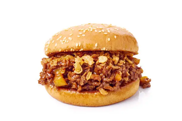 Sloppy joe sandwich with ground beef and crispy fried onion isolated on white background