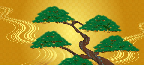 istock Japanese style illustration of running water and old pine tree on gold leaf background 1413244253