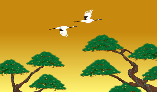 Japanese style illustration of running water, cranes and pine trees on a gold leaf background Japanese style illustration of running water, cranes and pine trees on a gold leaf background japanese crane stock illustrations