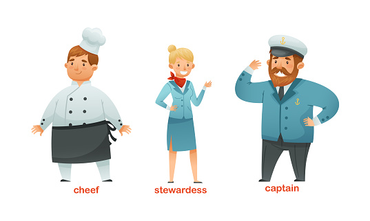Man and Woman Character of Various Professions with Chef, Stewardess and Captain in Uniform Vector Set