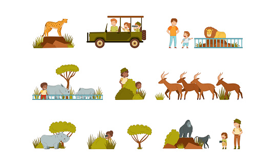 Cute kids visiting zoo set. Little children with their parents looking at leopard, lion, rhinoceros, antelope, orangutan animals cartoon vector illustration isolated on white background