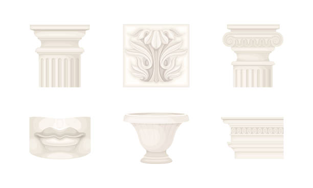 ilustraciones, imágenes clip art, dibujos animados e iconos de stock de conjunto de elementos de decoración antigua clásica. decoraciones de piedra tallada ilustración vectorial - column greece pedestal classical greek