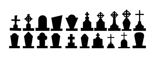 ilustrações de stock, clip art, desenhos animados e ícones de selection of gravestones from the halloween cemetery on a white background - vector - cemetery tombstone grave old